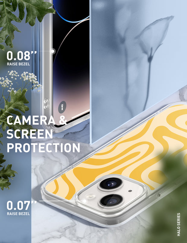 iPhone 14 Plus Halo MagSafe Cute Phone Case - Yellow Retro Swirl