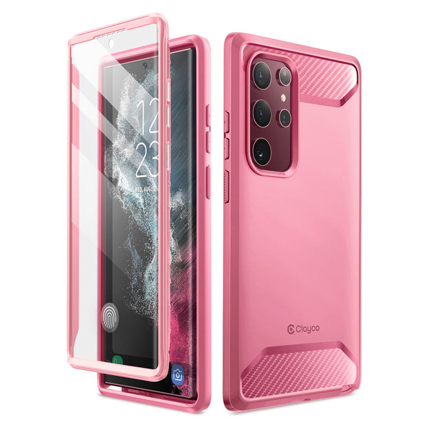 Clayco Samsung Galaxy S22 Ultra Xenon Full-Body Rugged Case with Screen Protector-Pink